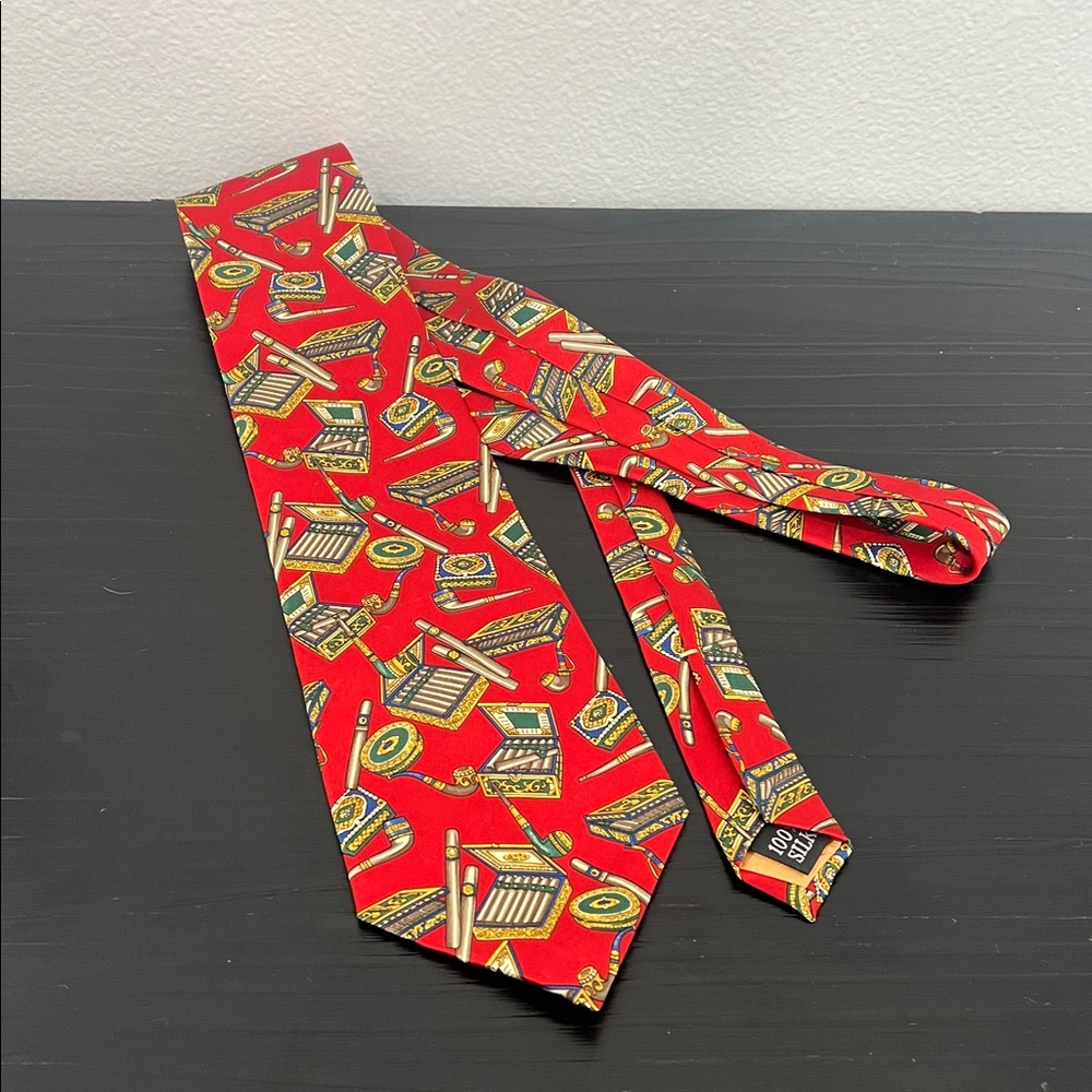 Colorful Red Necktie with Cigar and Smoking Pipe Pattern